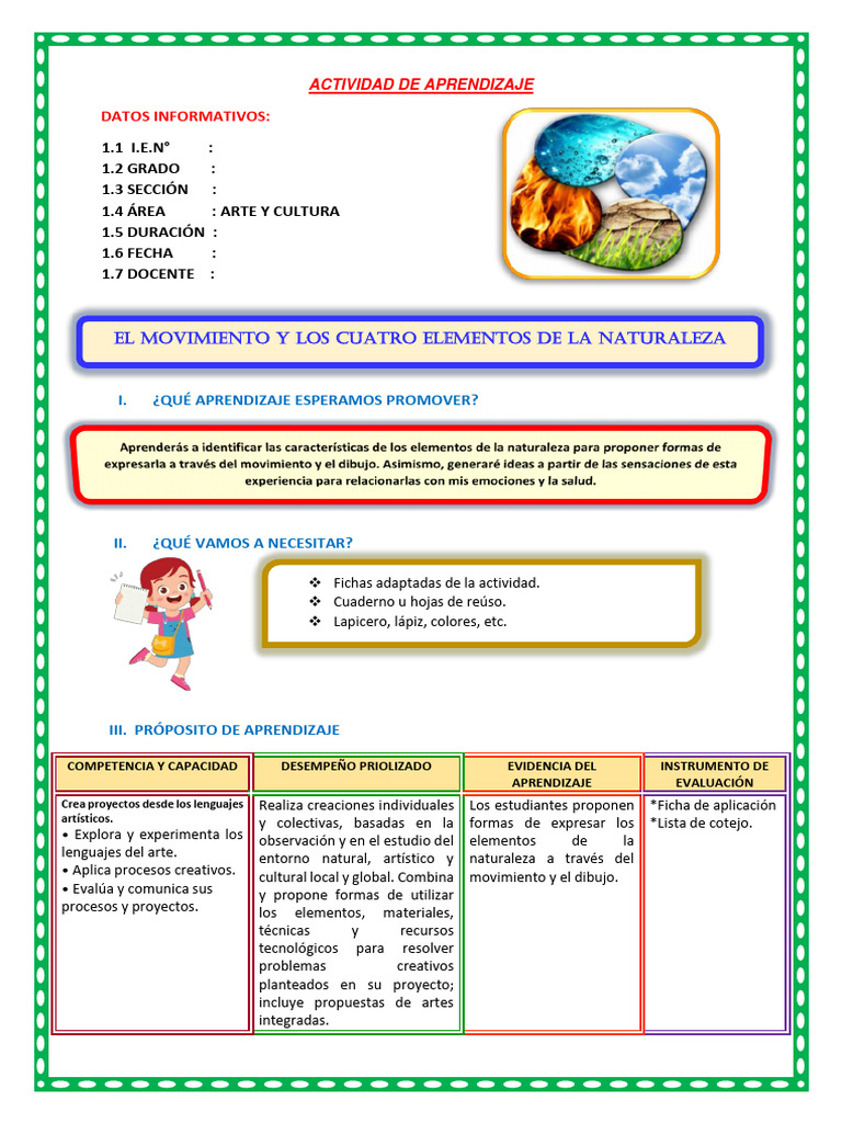 Movimiento y los 4 Elementos Naturales | PDF | Aprendizaje | Naturaleza