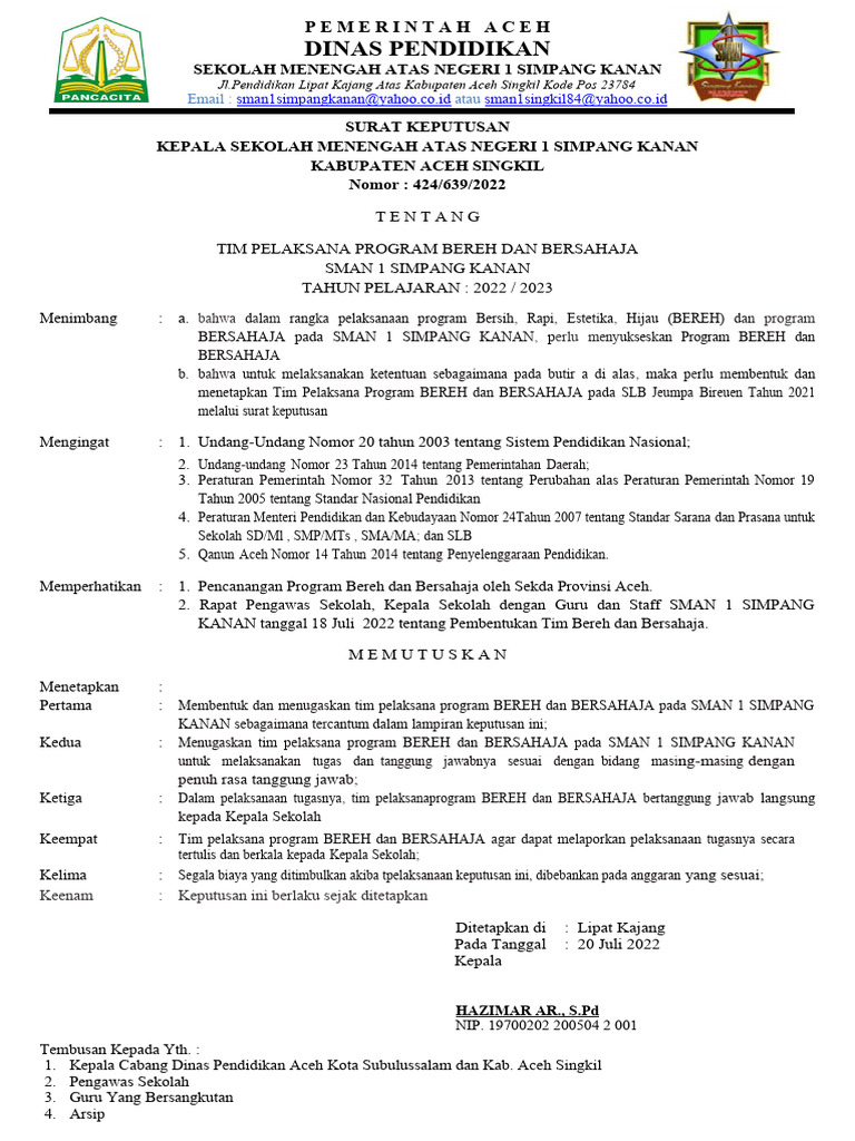 Tim Pelaksana Program BEREH SMAN 1 | PDF