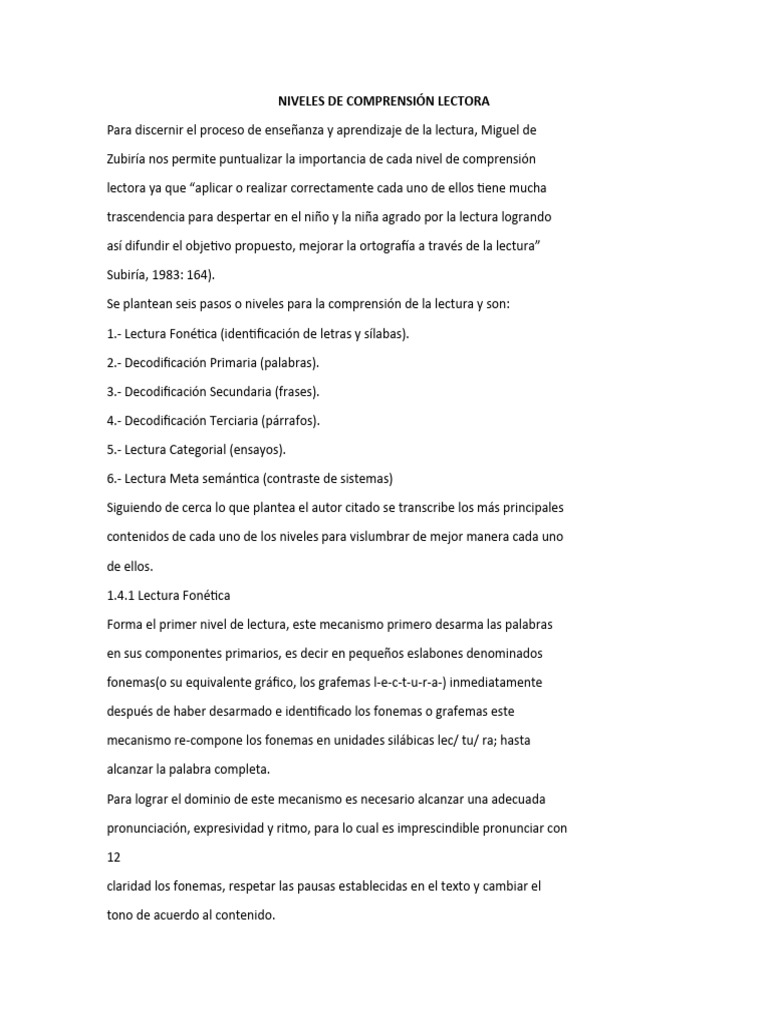 Niveles de Comprensión Lectora en Primaria | PDF | Comprensión lectora ...