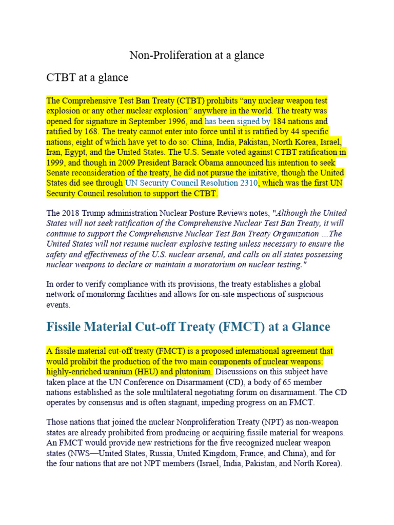 Non Proliferation Treaties | PDF | Treaty On The Non Proliferation Of ...
