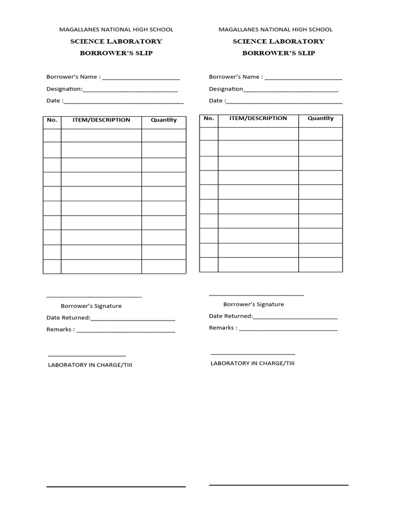 Science Lab Borrower's Slip Template | PDF | Business | Technology ...