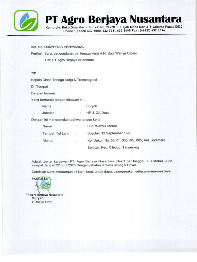 Paklaring Budi Wahyu Utomo (Driver) | PDF