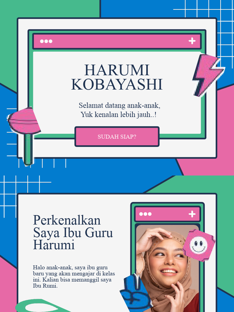 Biru Pink Hijau Retro Ilustratif Pengenalan Diri Guru Presentasi