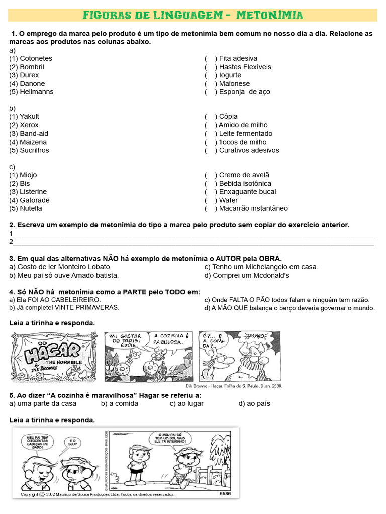 ATIVIDADE - FIGURAS DE LINGUAGEM - METONÍMIA - 14 CÓPIAS - FRENTE E ...