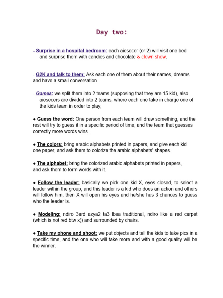 List of activities second day pdf