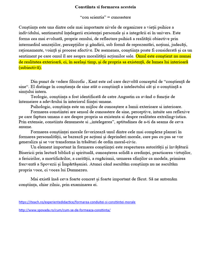 Constiinta Si Formarea Ei | PDF