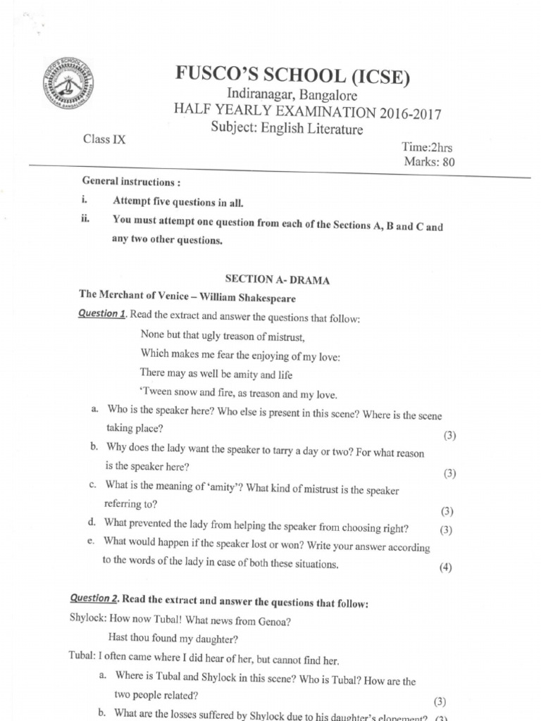 ICSE Class IX English Literature Half Yearly Question Paper 2017 PDF