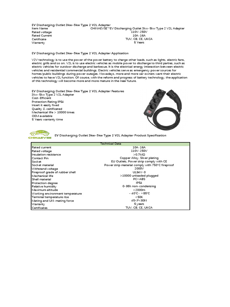 EV Discharging Outlet 3kw-5kw Type 2 V2L Adapter Description | PDF ...