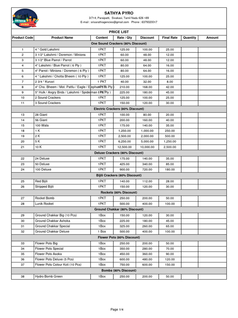 Sathya Pyro Price List PDF