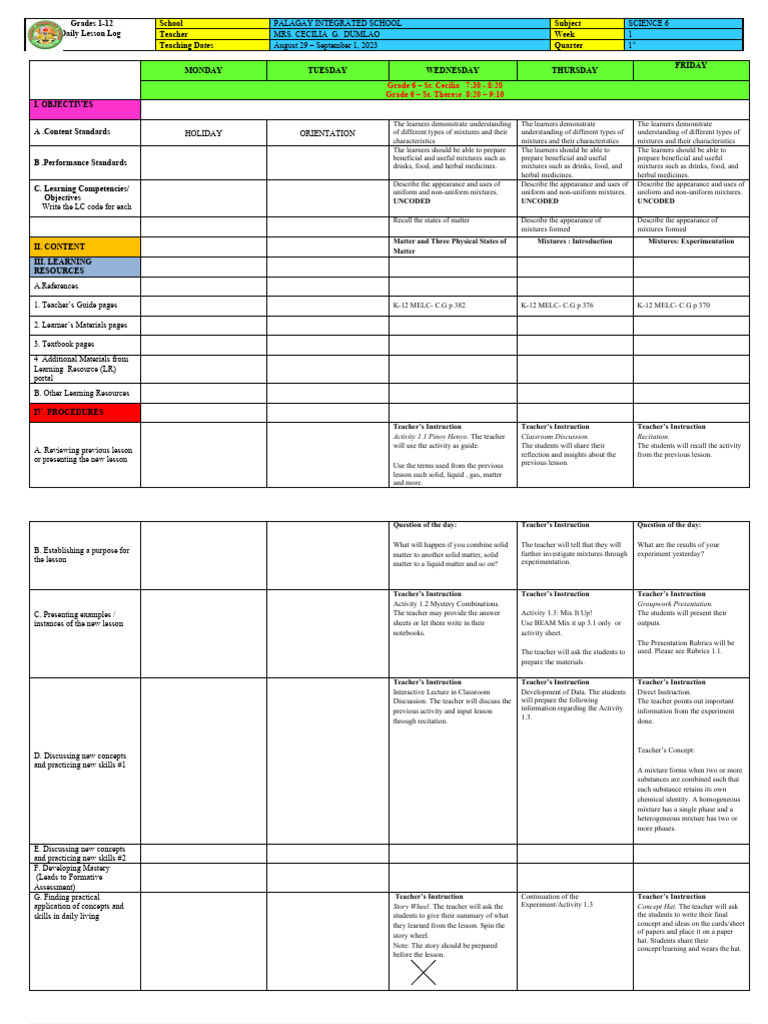Science 6 Daily Lesson Log: Mixtures | PDF | Mixture | Teachers