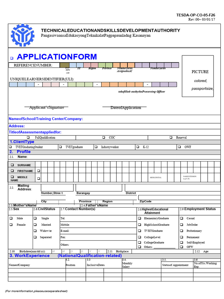 TESDA Assessment Application Form | PDF