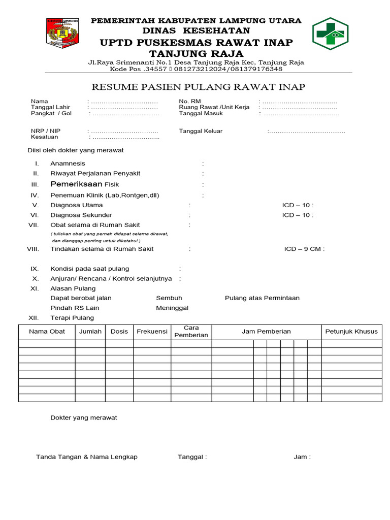 Resume Pasien Rawat Inap Puskesmas | PDF