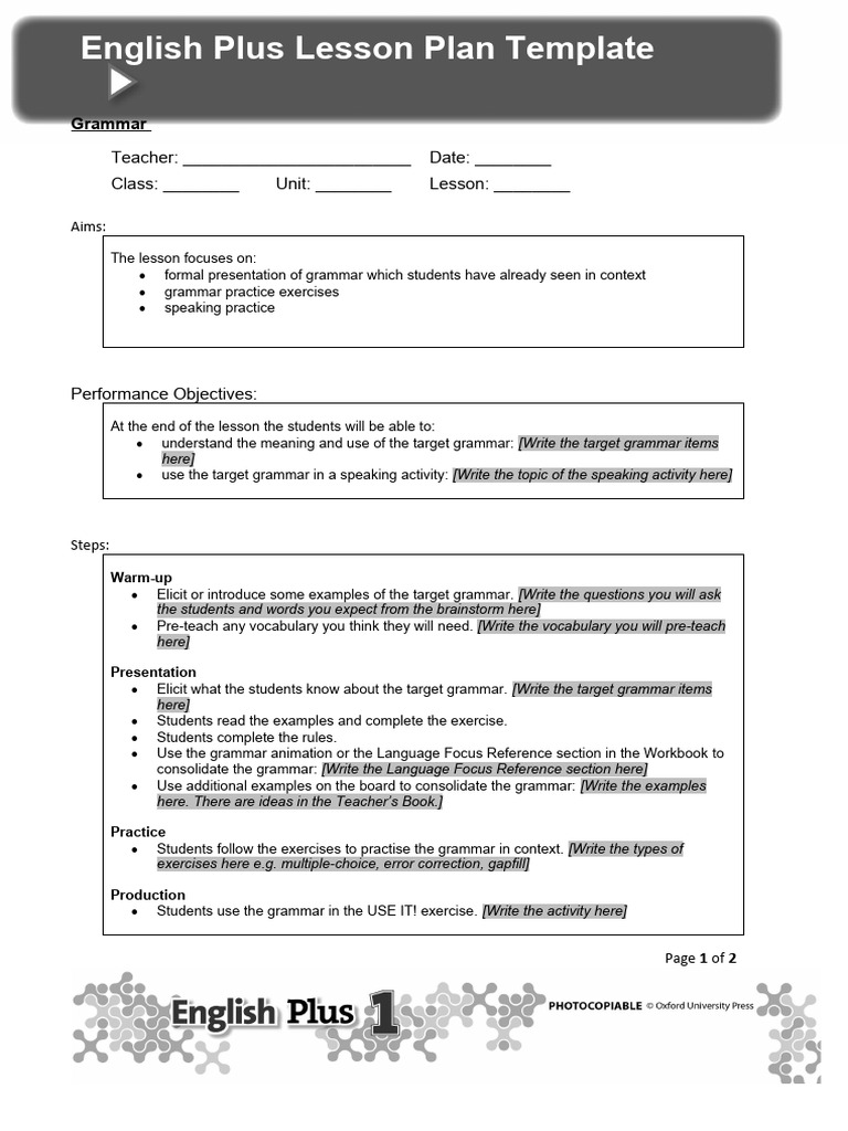 English Plus Grammar Lesson Plan Template | PDF | Lesson Plan | Vocabulary