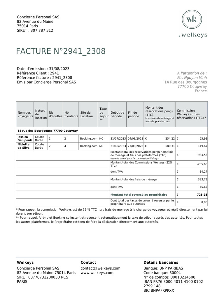Facture de Conciergerie Welkeys N°2941 | PDF | Taxe sur la valeur ...