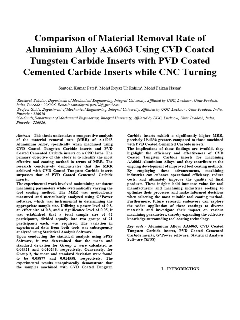 CVD vs PVD: MRR in AA6063 Machining | PDF | Chemical Vapor Deposition ...