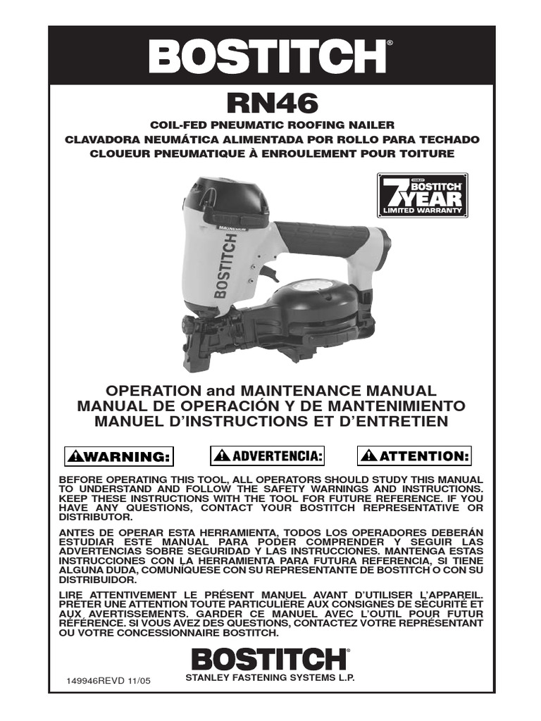 Bostitch RN46 Roofing Nailer Manual | PDF | Trigger (Firearms ...