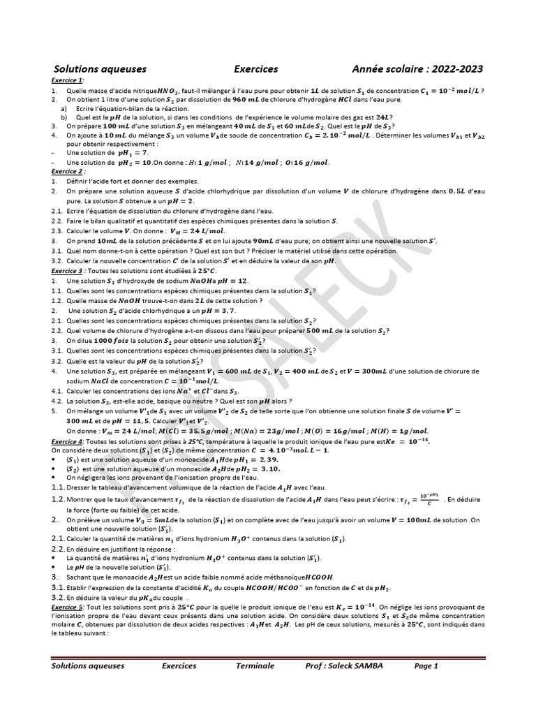 Exercices sur les solutions aqueuses 2022-2023 | PDF | Ph | Hydroxyde ...
