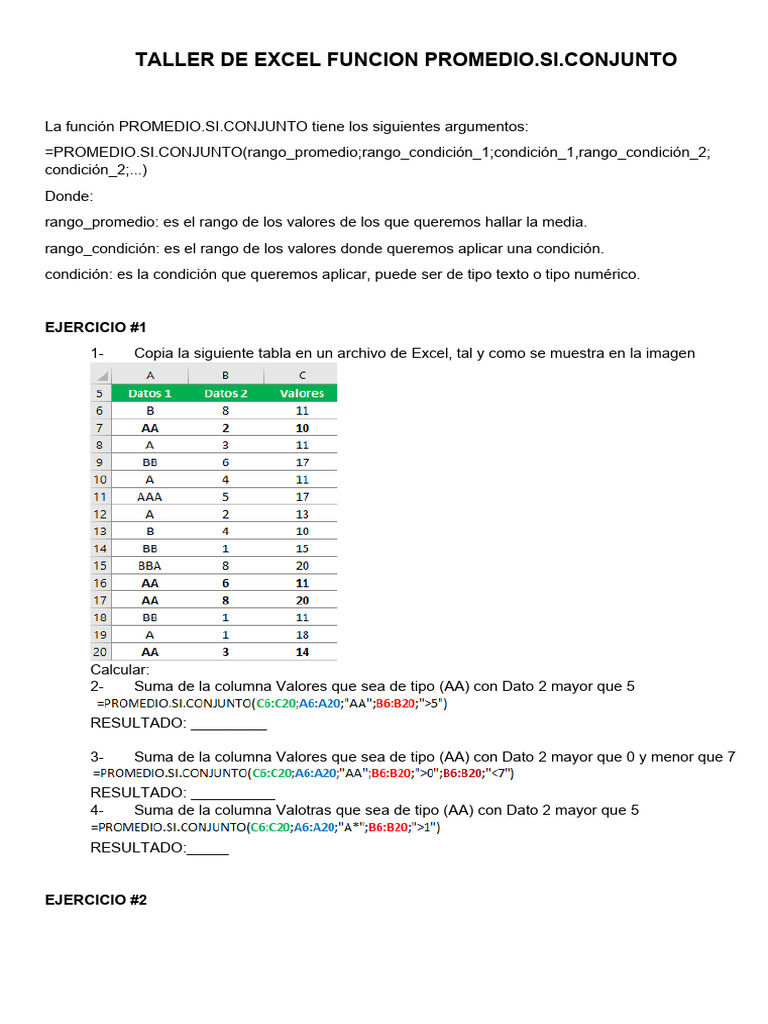 TALLER DE EXCEL FUNCION PROMEDIO | PDF