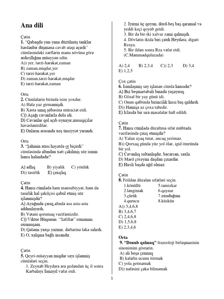 Azerbaycan Dili 2011 2019 MQ Suallari | PDF