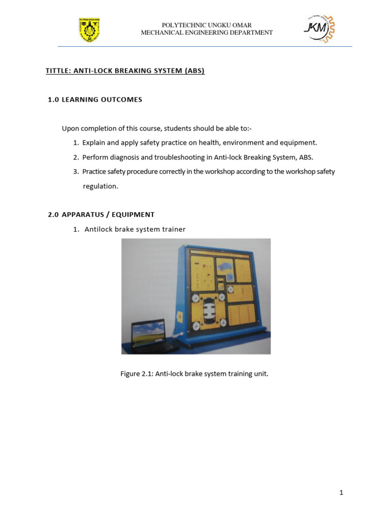 Lab Sheet Abs Pdf Anti Lock Braking System Brake