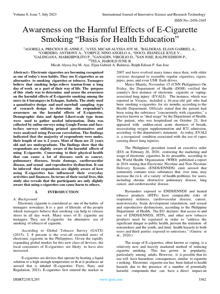 Awareness of E-Cigarette Dangers | PDF | Electronic Cigarette ...