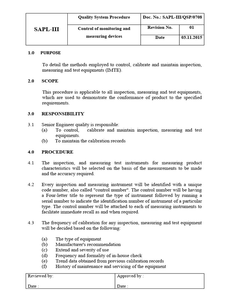 Control of Measuring Devices Procedure | PDF | Calibration | Science