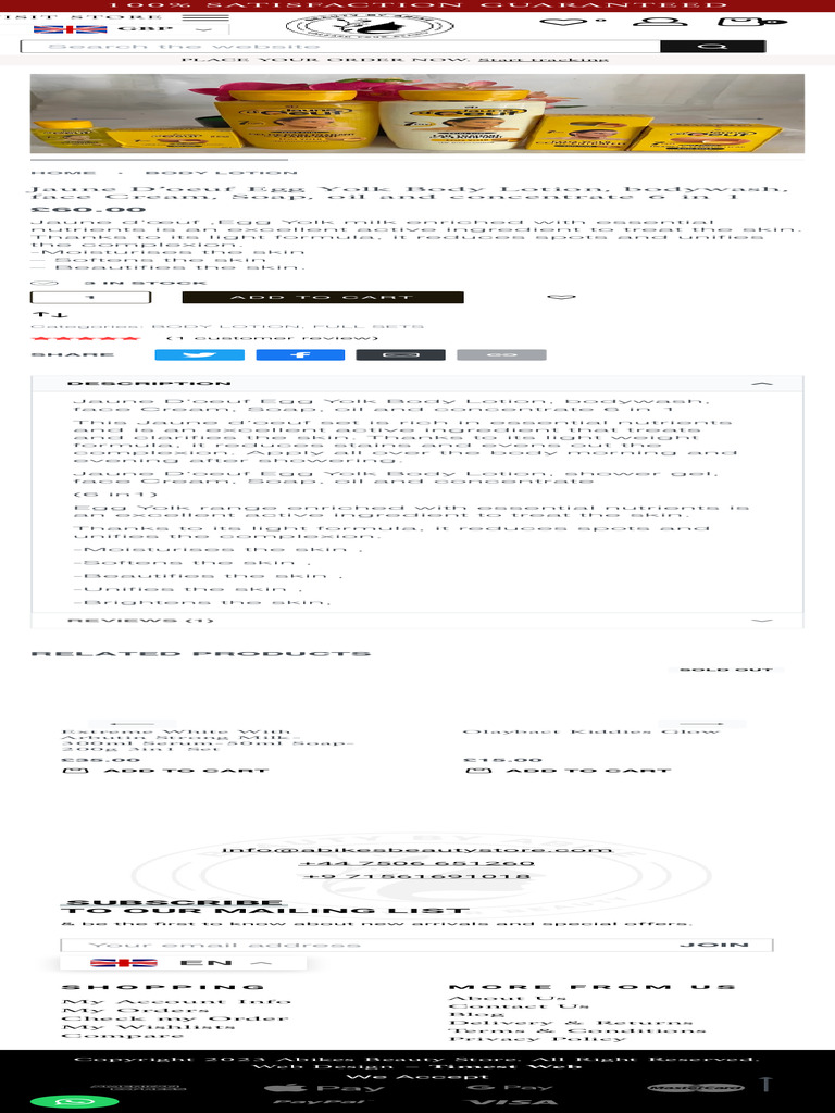 Jaune D'oeuf Egg Yolk Body Lotion, Bodywash, Face Cream, Soap, Oil and