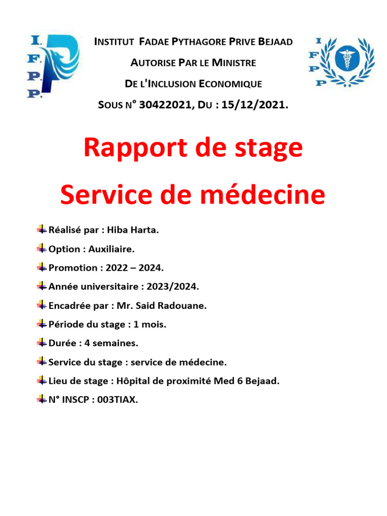 Rapport de stage en médecine 2023 | PDF