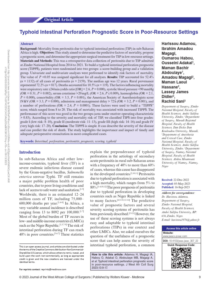 Typhoid Intestinal Perforation Prognostic Score In.2 | PDF | Medical ...