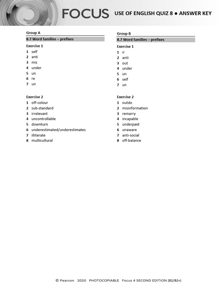 Focus 4 Unit 8 Use of English Quiz Key | PDF