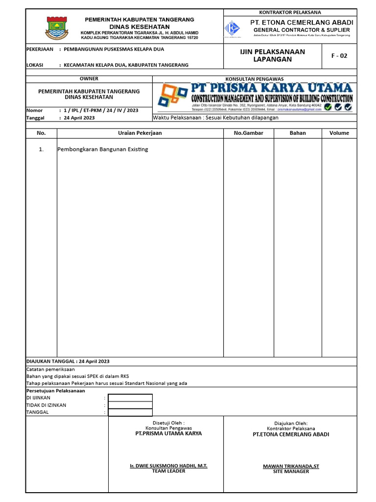 Ijin Pelaksanaan Lapangan: Pemerintah Kabupaten Tangerang Dinas ...