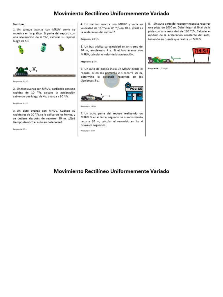 Ejercicios Resueltos de MRUV | PDF | Aceleración | Velocidad