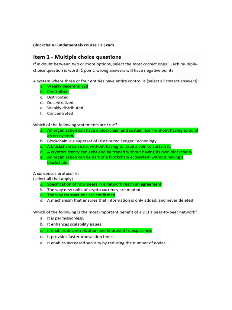 Blockchain Fundamentals T3 Exam - Multiple Choice Answers | PDF |  Cryptocurrency | Distributed Computing