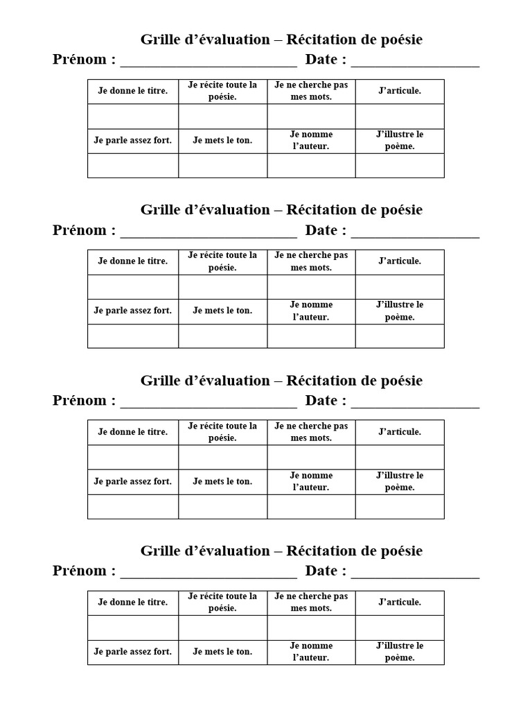 Grille D valuation Pour R citation Po sie PDF