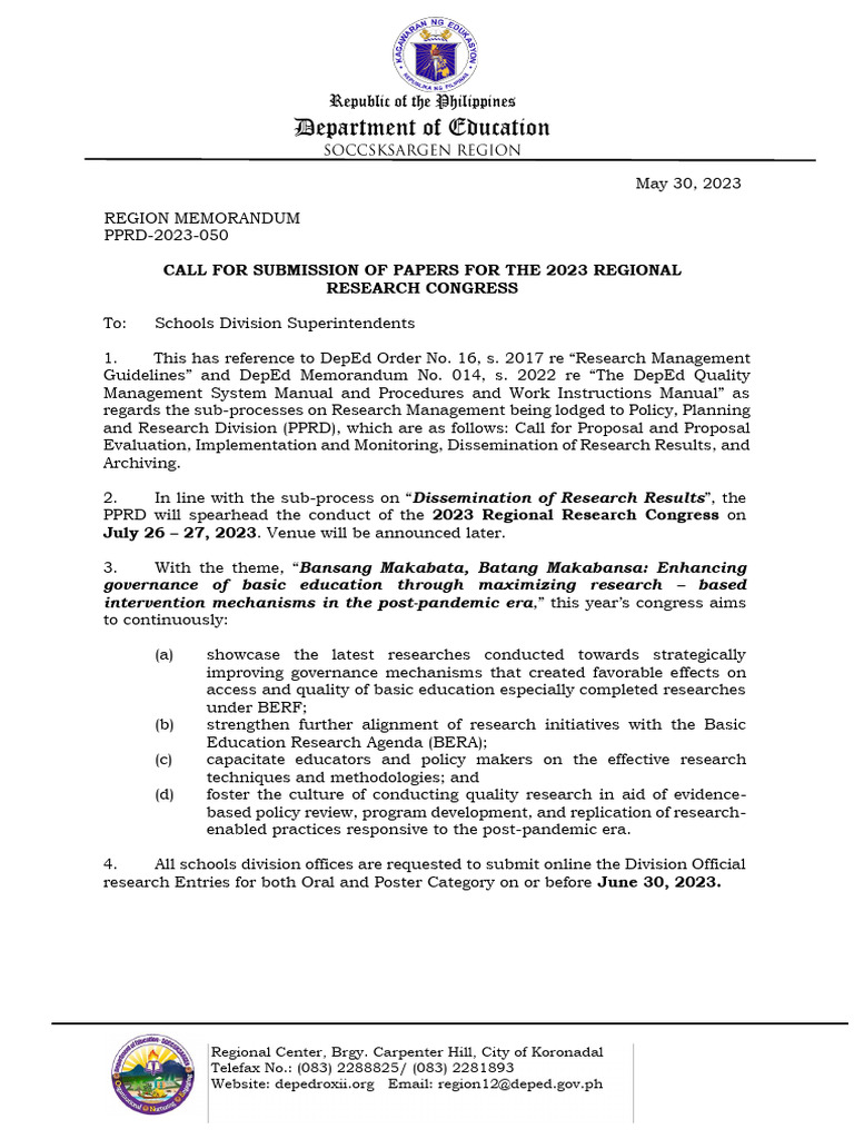 Region memorandum pprd 2023 050 call for submission of papers for the
