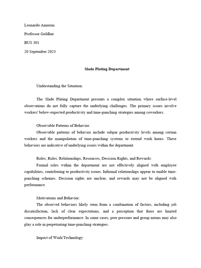 Slade Plating Department Challenges | PDF | Behavior | Motivation