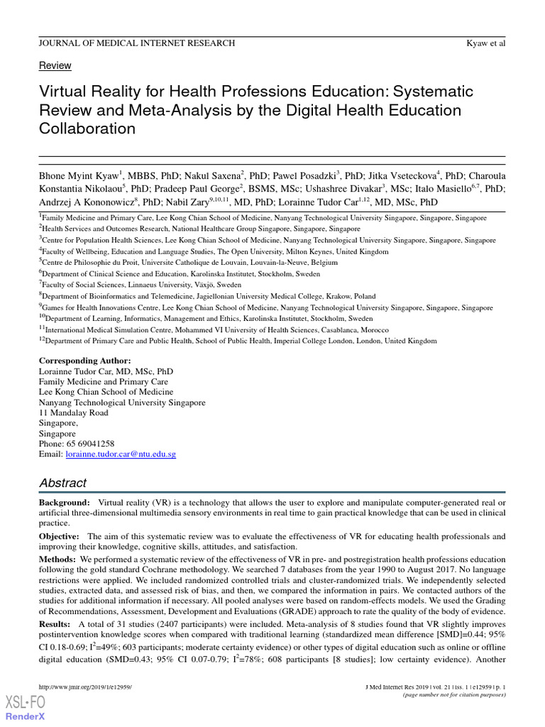 Virtual Reality For Health Professions Education Systematic Review and