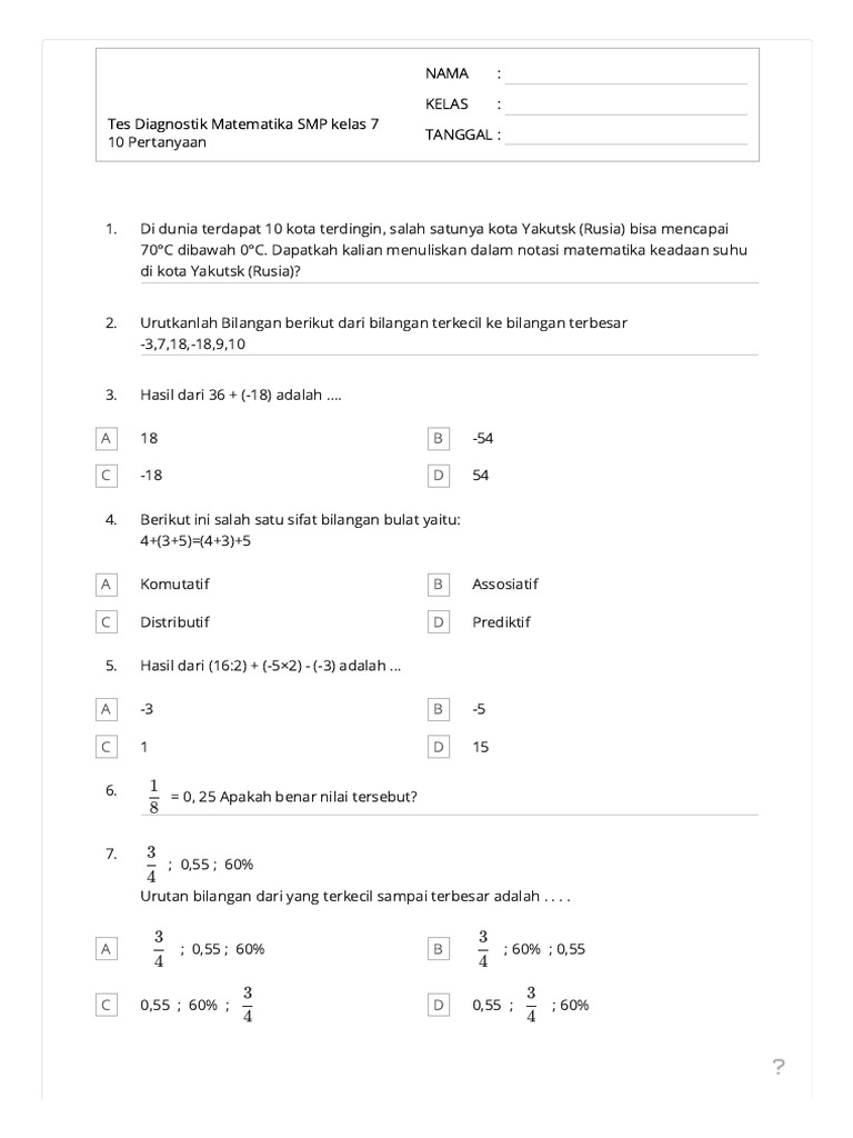 Tes Diagnostik Matematika SMP Kelas 7 PDF