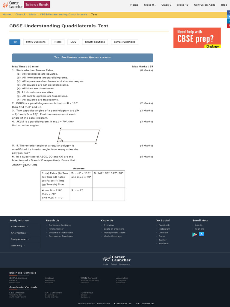 CBSE Class 8 Quadrilaterals Test Guide | PDF | Rectangle | Euclidean ...