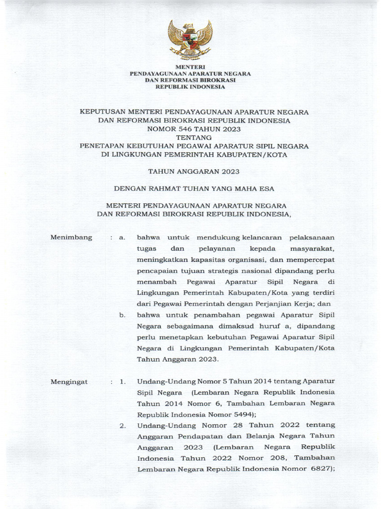 SK Menpan Penetapan Kebutuhan PPPK Formasi Tahun 2023 | PDF