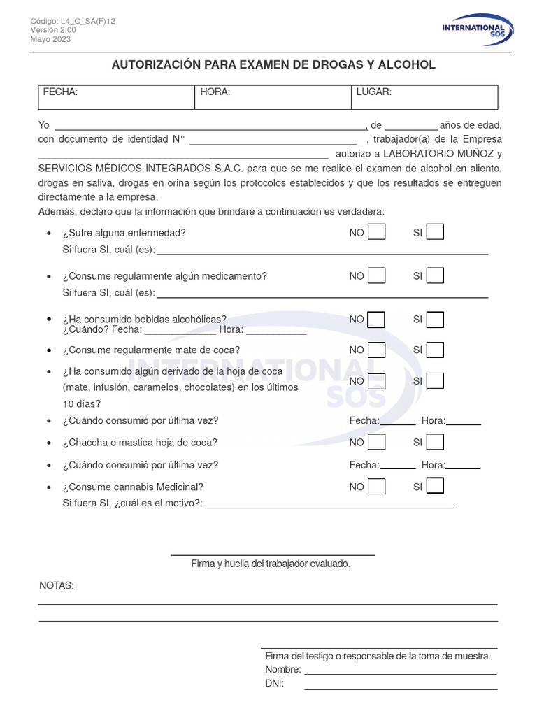 Autorización para Examen de Alcohol y Drogas | PDF