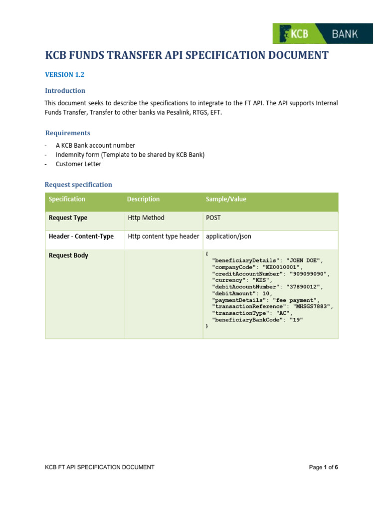 KCB Funds Transfer API Specifications | PDF | Wire Transfer | Debit Card