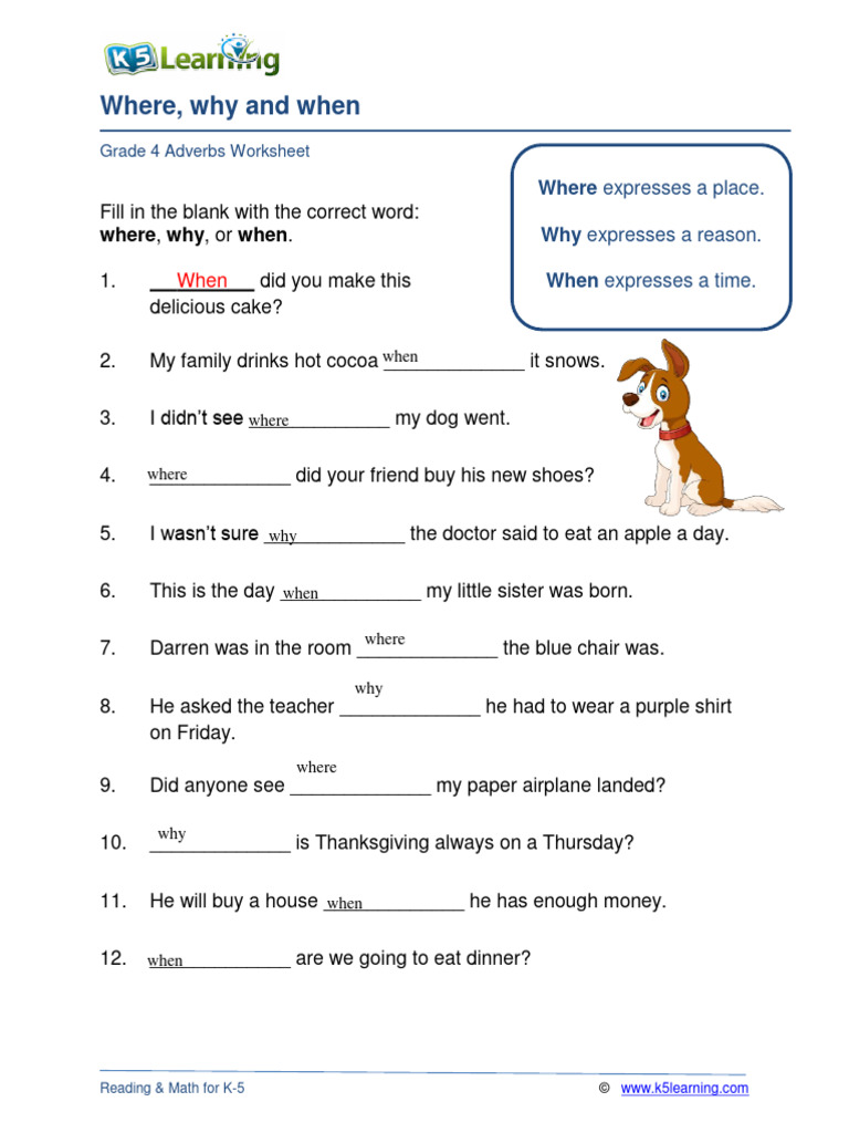 Grade 4 Adverbs: Where, Why, When Worksheet | PDF | Wellness