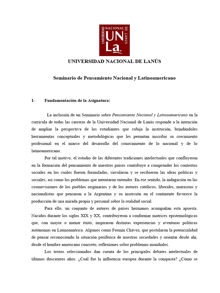 Programa Seminario Pensamiento Nacional y Latinoamericano UNLa 1er ...