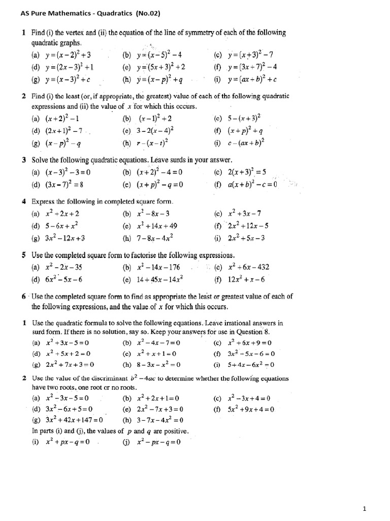 AS Pure Mathematics: Quadratics Guide | PDF