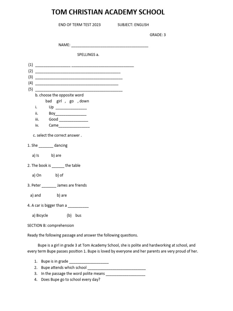 Grade 3 English End of Term Test 2023 | PDF