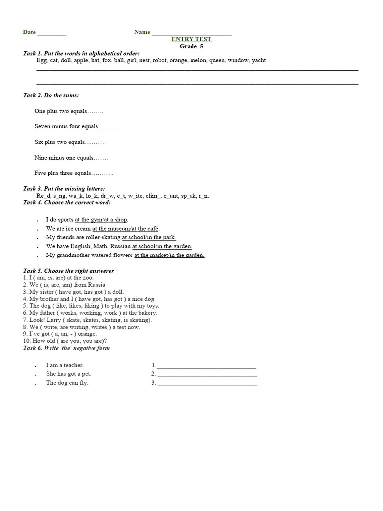 Entry Test Grade 5 | PDF