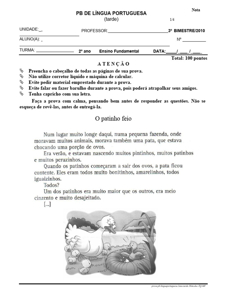Prova de Língua Portuguesa - 2º Ano | PDF
