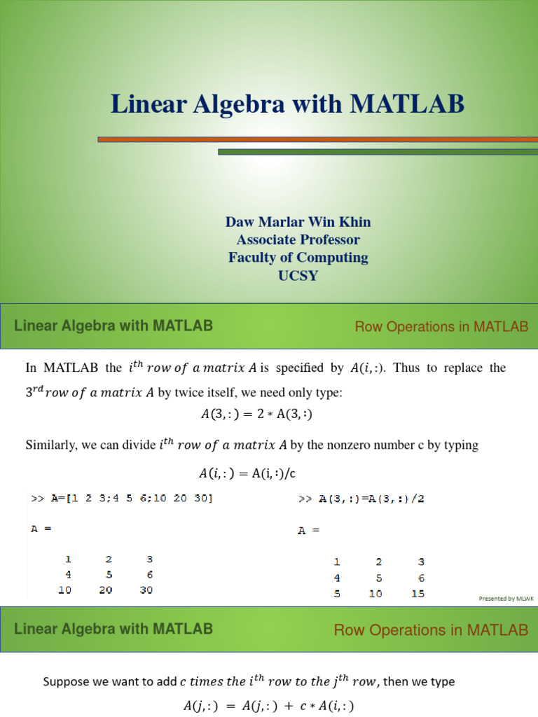 Linear Algebra With MATLAB (Elimination With Matrices) | PDF | Matlab ...