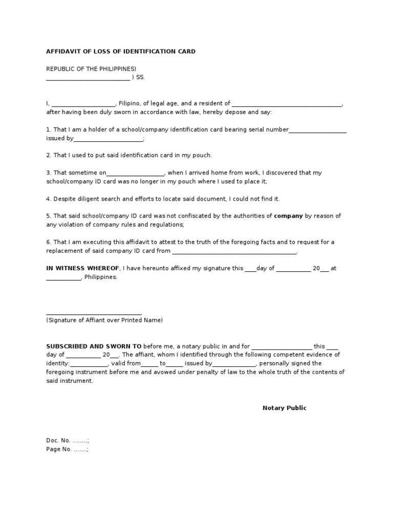 Affidavit of Loss of Identification Card